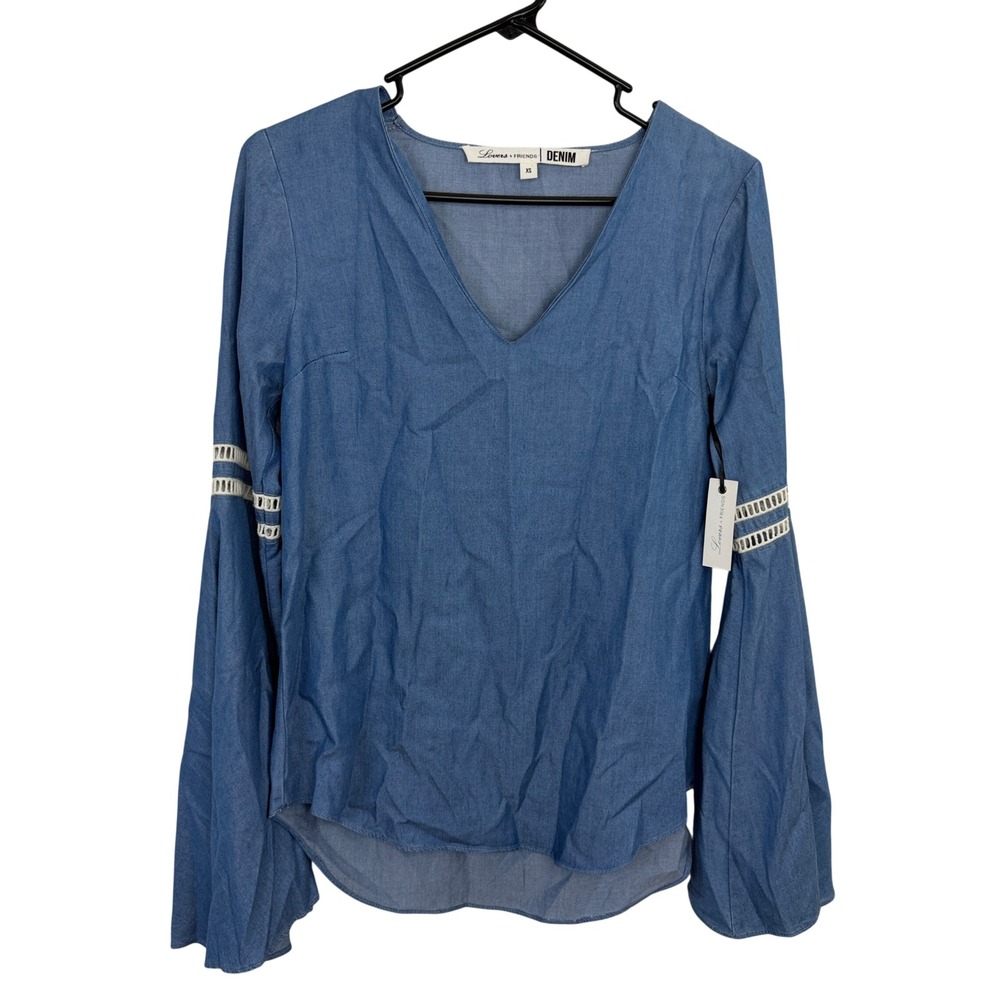 Lovers + Friends Top Womens XS Blue Denim Chambray Bell Sleeve Crochet Lace NWT
